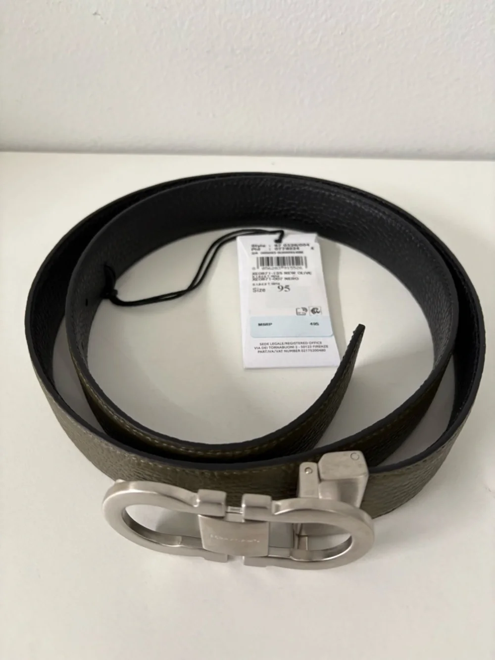 Salvatore Ferragamo Olive Leather Belt with Silver Gancini Buckle